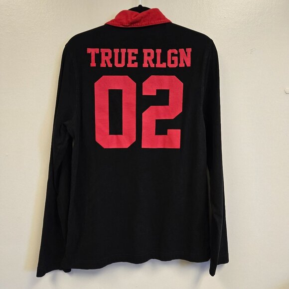 True Religion Y2K Mens S Black Red Long-Sleeve Rugby Polo Shirt Embroidered Logo - Picture 2 of 10